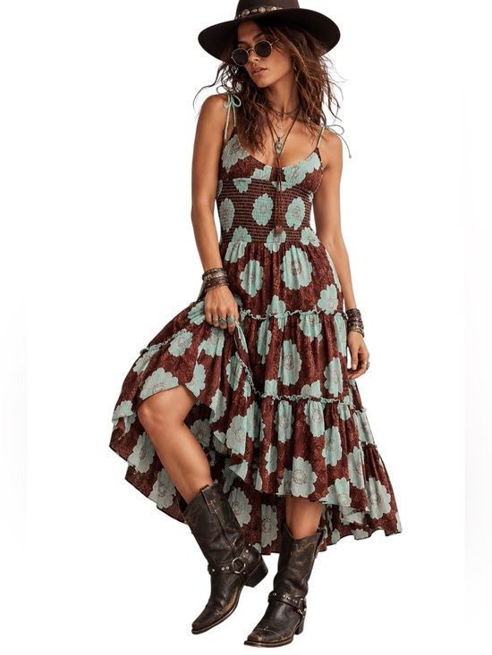 Free People Dresses & Skirts - FREE PEOPLE Aariel Tie Strap Tiered Cotton Midi Dress Nutmeg Combo NWT